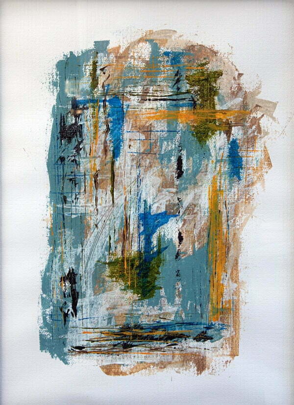 A latex painting on commercial printing paper in shades of blue, tan and orange