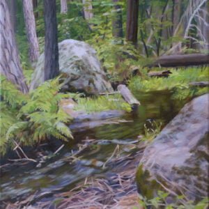 Picturesque oil painting entitld Sounds of a Forest Stream in greens, browns and greys