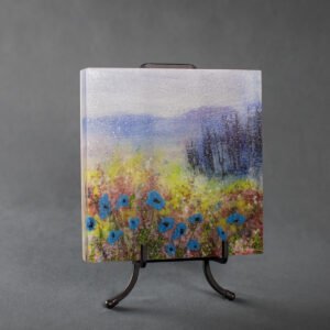 Blue Poppies Landscape in Fused Glass on stand