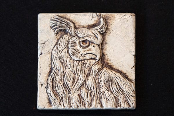 Horned owl ceramic art tile by Tony Furtado.