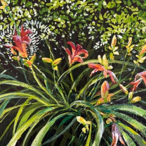 Summer Garden #3, Daylilly Flowers and Fronds, Acrylic on Canvas by Angelita Surmon