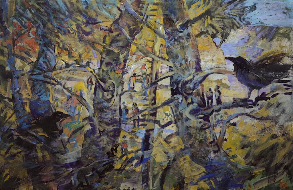 Coastal Ravens – Thought and Memory in the Spruce Burl Forest acrylic on panel.