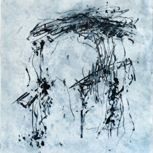 A solarplate intaglio non-objective print featuring inkblots over a unique Japanese paper with multiple shades of blue.
