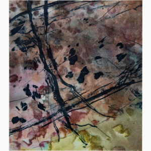 A solarplate intaglio print that features dark inkblots over a unique Japanese paper with shades of pink, orange, and yellow.