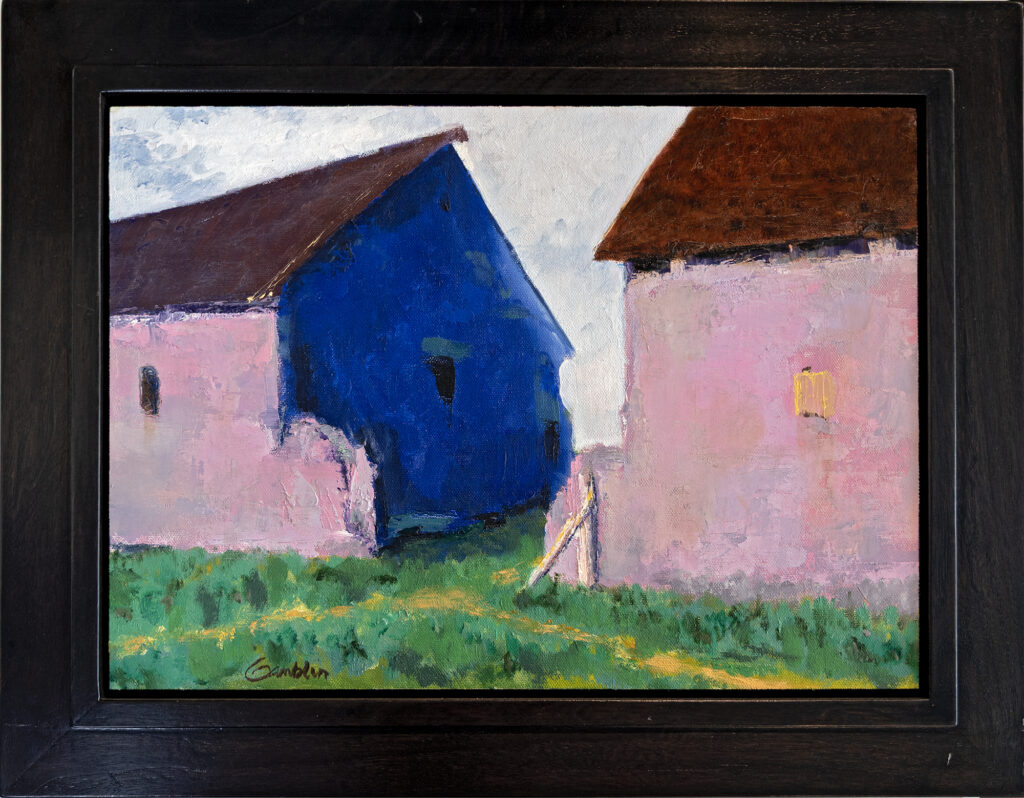 Painting of blue and pink barns with green grass.