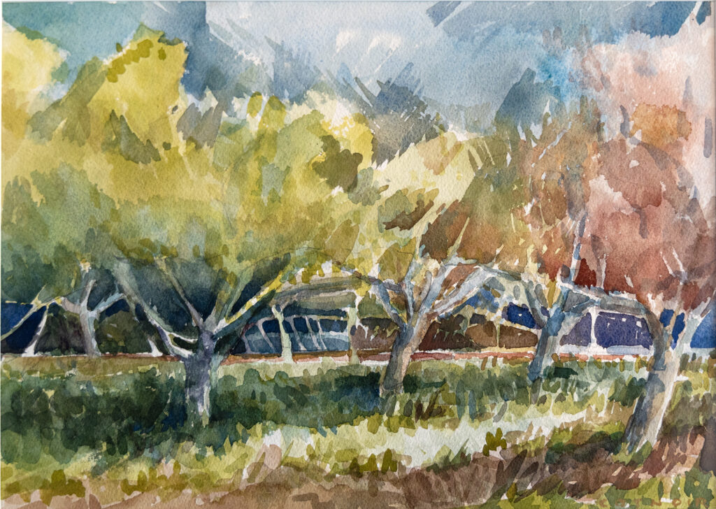 Watercolor landscape with trees and soft colors.