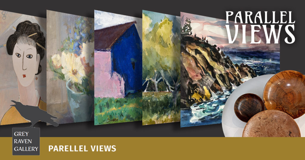 Exhibition banner showing paintings and wooden bowls.