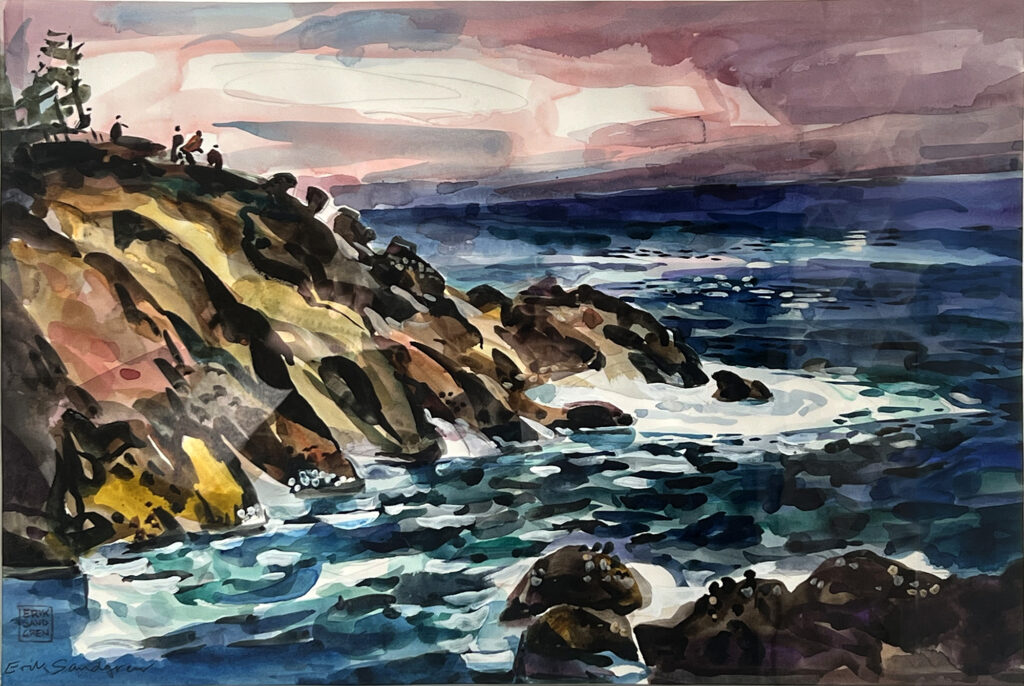 Watercolor painting of rocky coastline with ocean and pink sky.